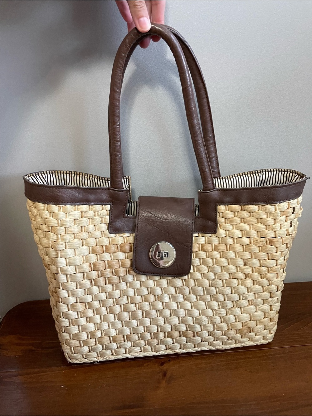 Woven Straw Tote Bag with Brown Leather Trim